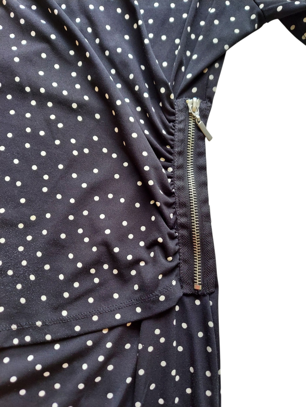 Ellen Tracy Black White Polka Dot Faux Wrap Dress M Side Zip Ruched Stretch - Picture 4 of 15